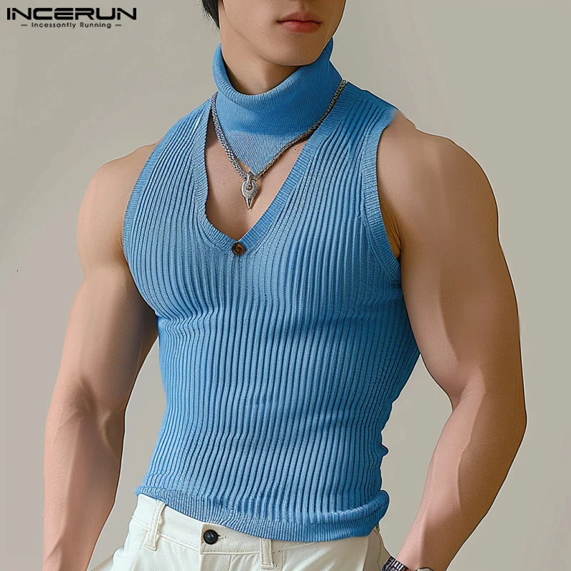 Mens Tank Top Solid Color Turtle Neck Sleeveless Hollow Street Mens Summer Fashion Casual Mens Wear INCERUN 250403
