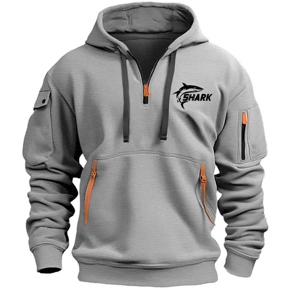 Mens hooded casual sports Pullover retro Harajuku long sleeved zipper multi pocket casual loose jacket streetwear W250408
