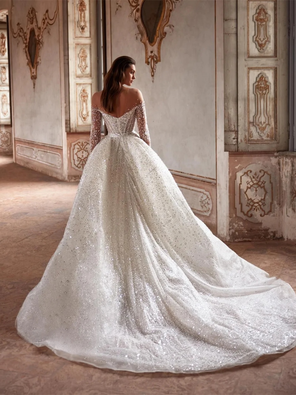 Gorgeous A Line Wedding Dresses Pearls Sequins Beaded Off Shoulder Bride Dress Long Sleeve Graceful Bridal Dress Customized