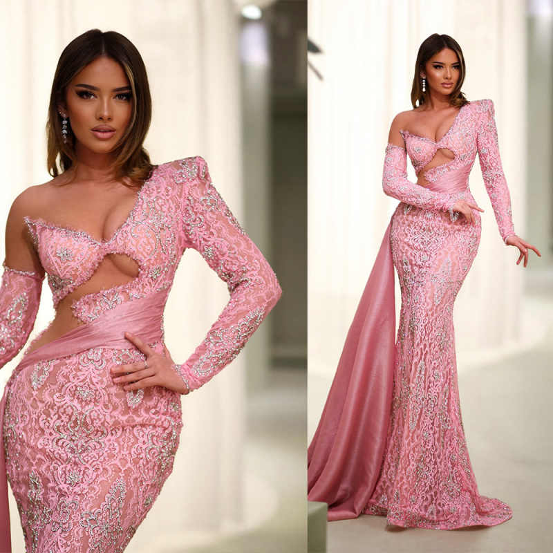 Black Girls Mermaid Prom Dresses Customized One Shoulder Long Sleeve African Party Gala Gown Stunning Lace Appliques Beads Evening Gowns