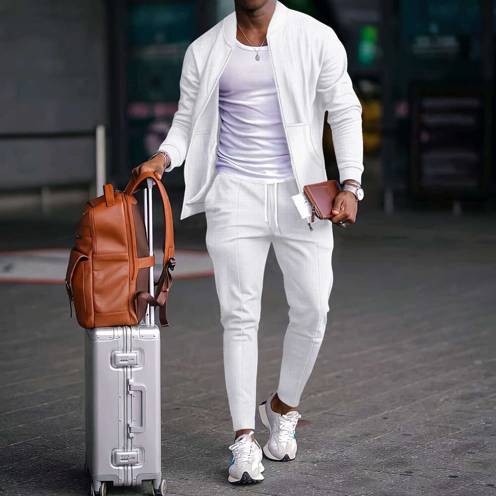 Autumn/Winter Waffle Baseball Pocket Zipper Jacket Set 2025 New Casual Fashion Trendy Clothing