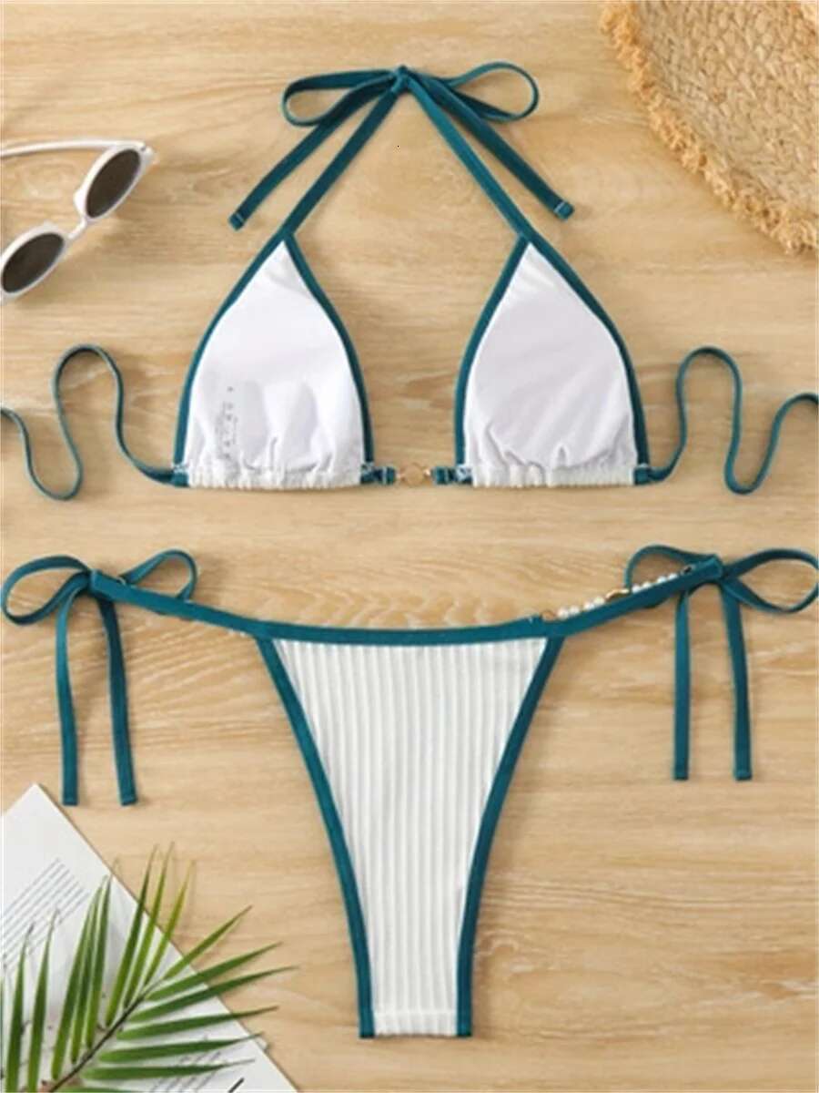 Dongdumaoyi Sexy Micro Bikini Women White Contrast Pearl Tie Side Thong Swimsuit Brazilian Cut Out Beach Bathing Suit Swimwear Biquini