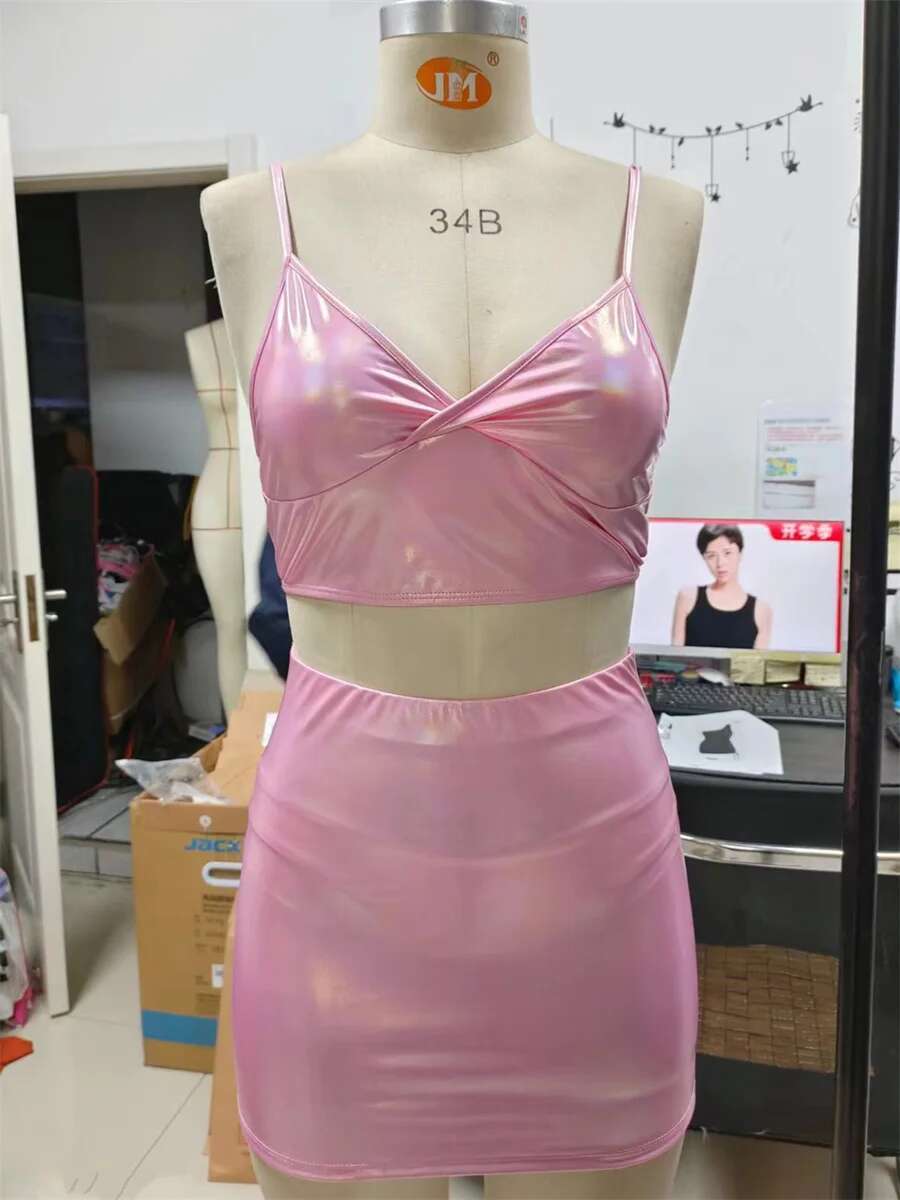 Dongdumaoyi Piece High Waist Bikini Set Women Pink PU Leather Push Up Top With Pleate Skirt Swimsuit Summer Bathing Suit Swimwear