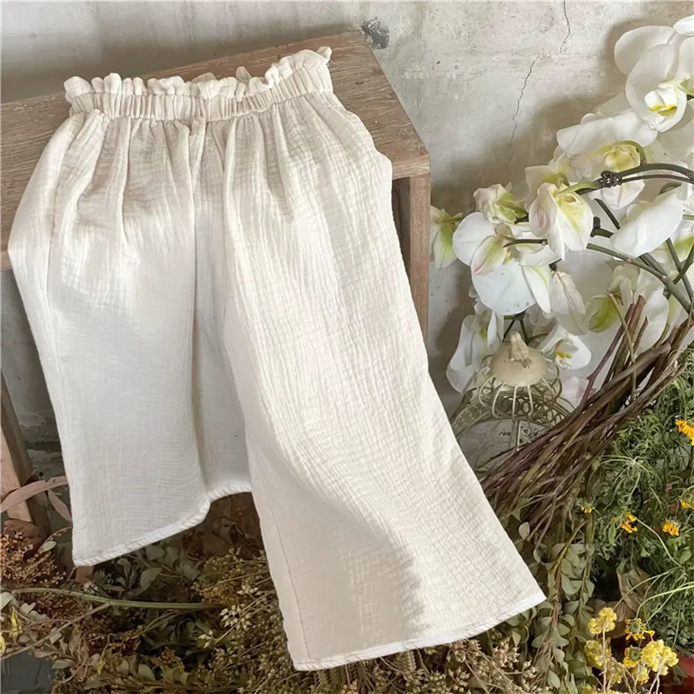 Children Clothing Set Korean Girls Summer Cotton Tie Tank Sling Smocked Top Wide Leg Pants Trousers Outfits Kids Clothes Sets 250407