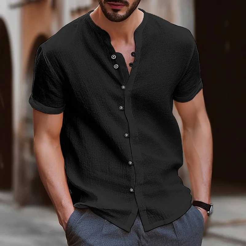 2024 new mens short sleeved T-shirt V-neck button cotton linen shirt mens casual clothing popular mens topXJ250407