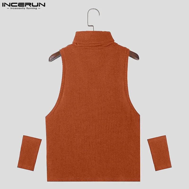 INCERUN Mens Tank Top Solid Color Turtle Neck Sleeveless Hollow Casual Tank Top Street Clothing Knitted Fashion Mens Clothing 250403