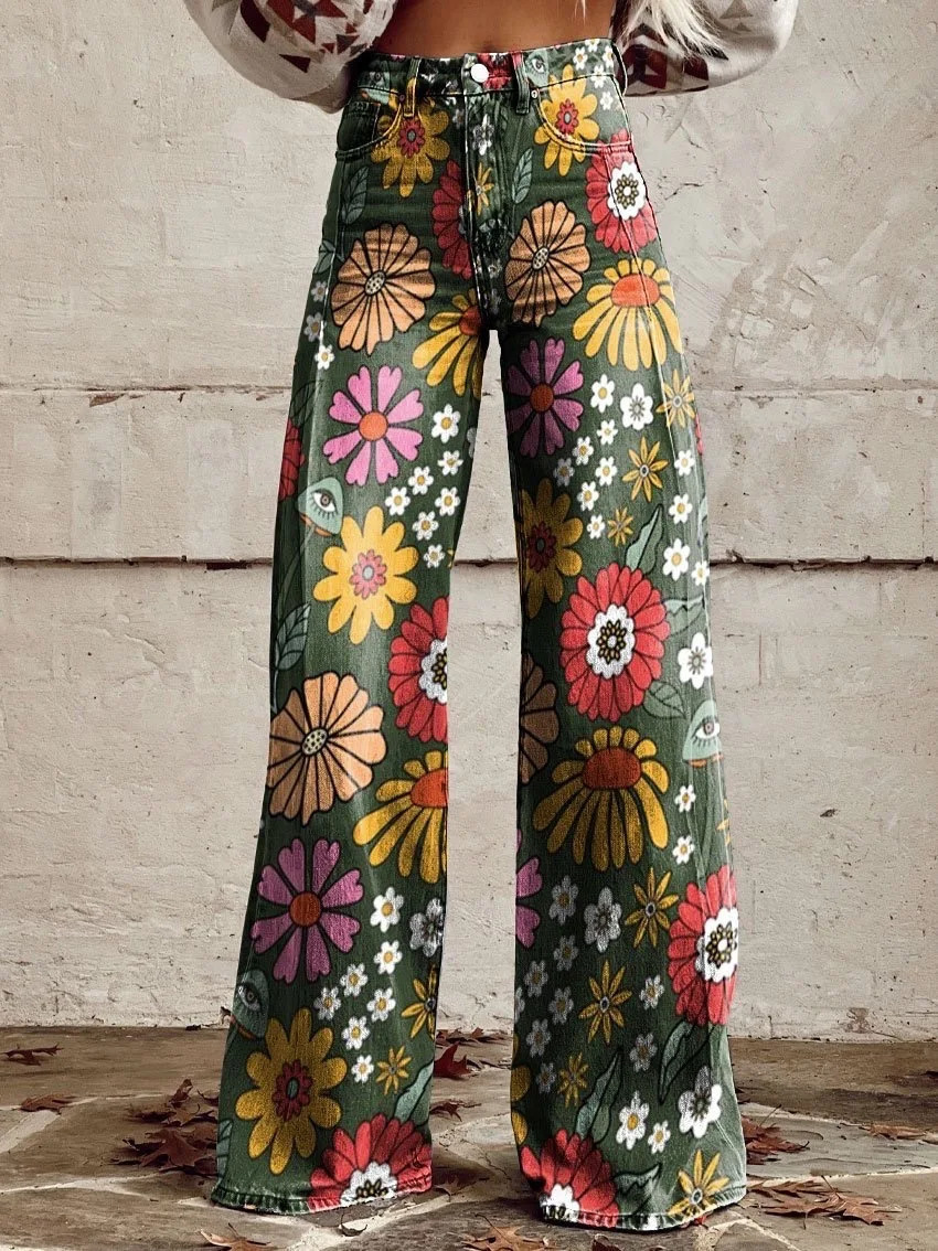 Retro Fashion High Waist Pants Street Loose Wide Leg Denim Womens Jeans 250407