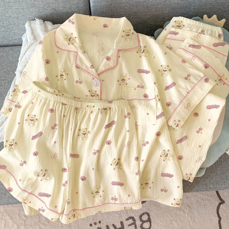 Cute Cherry Bear Printed Womens Pajamas Fashion Casual Milk Silk Home Clothes 3 pieces SpringSummer Short sleeved 250403