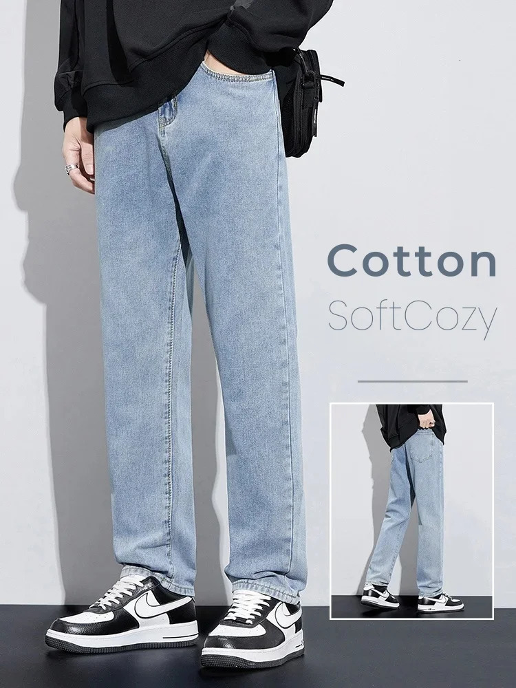 autumn mens bag jeans street fashion wide legs denim Trousers straight and comfortable casual pants 250401