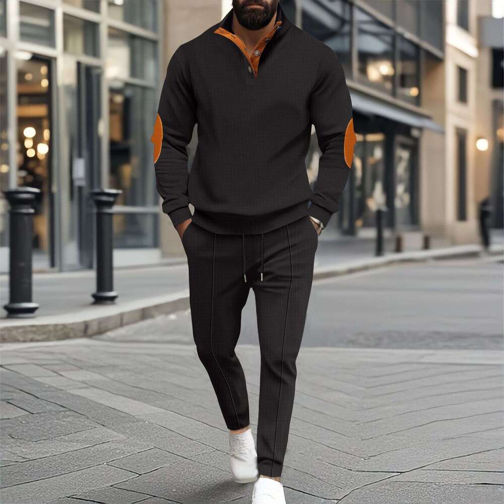 Autumn and winter American half zipper waffle stand collar long sleeved sweatshirt men's suit 2025 new casual fashion trend clothing