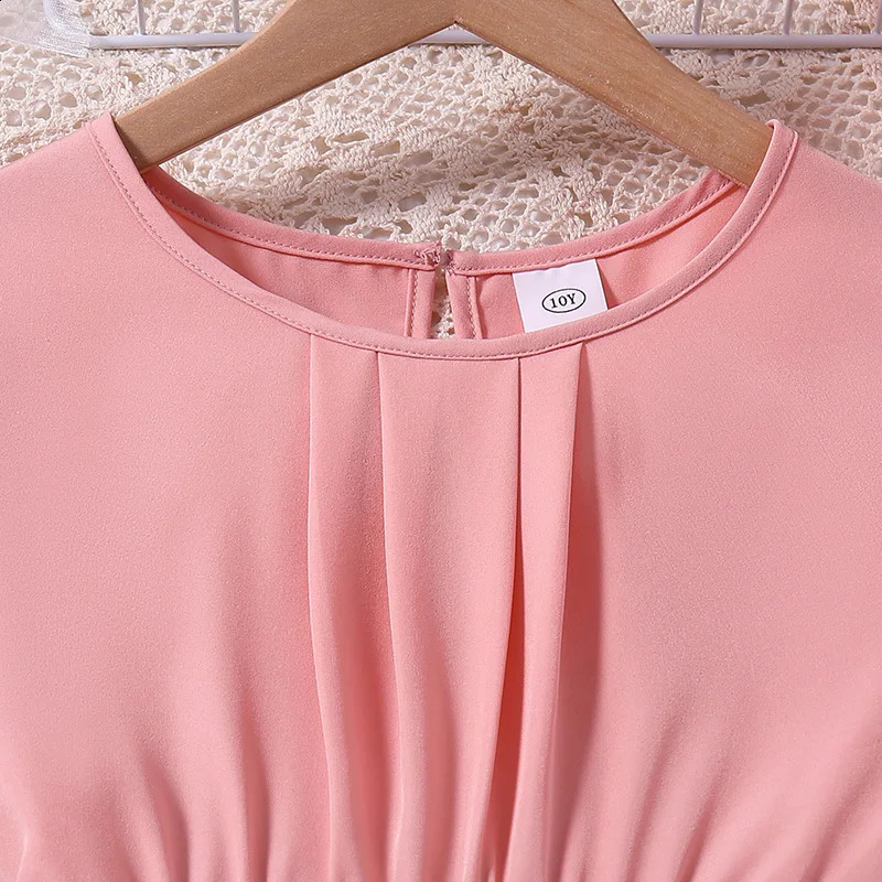Summer Girl Dress Cute Style Solid Pink Frill Short Sleeve Lace Princess Dresses Fashion Sweet Baby Girl 8-12 Age Dress 250408