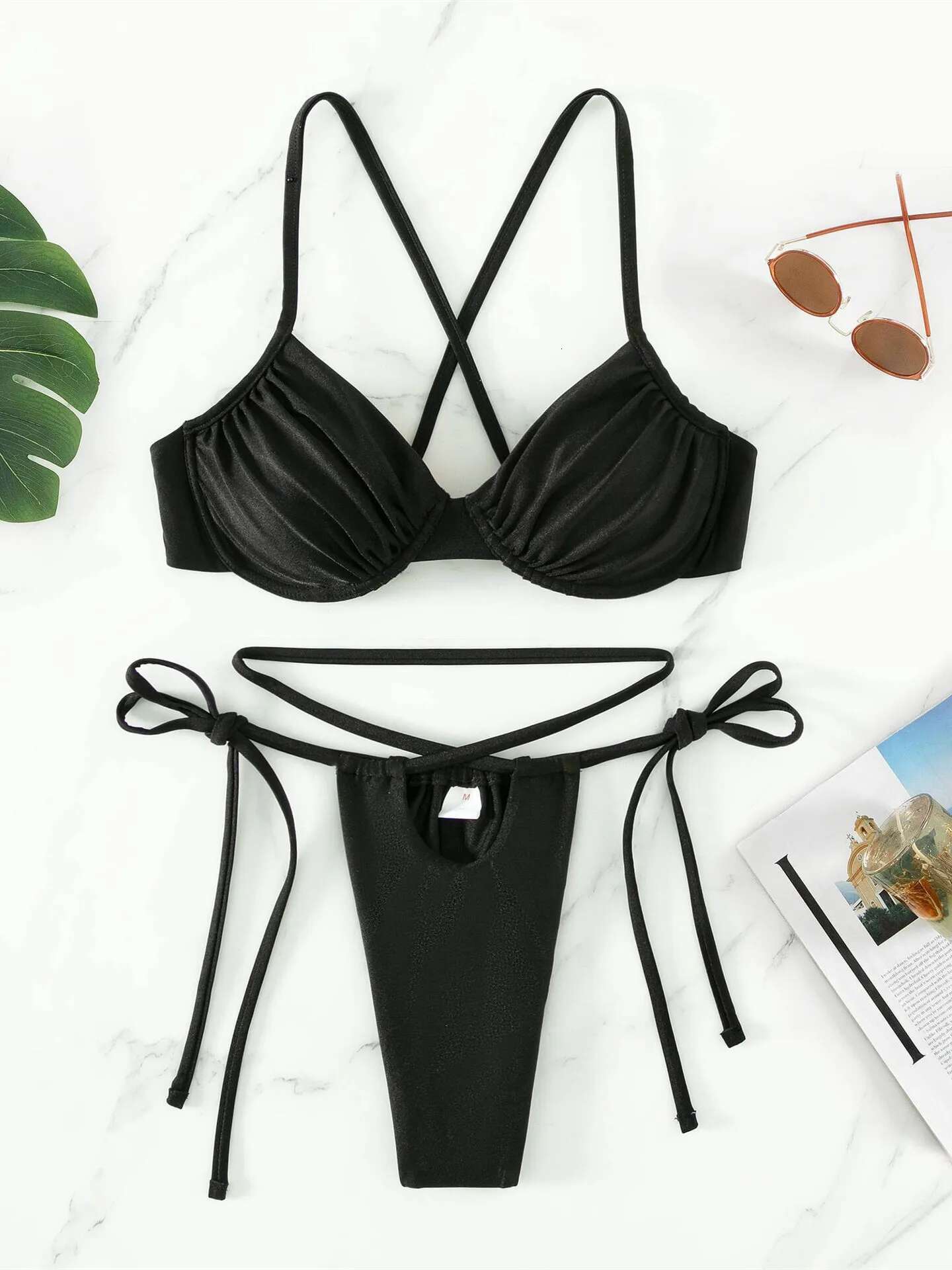 Dongdumaoyi Sexy Underwire Bikini Women Black Pink Pleate Push Up Micro Swimsuit High Cut Bathing Suit Bandage Thong Swimwear Biquini