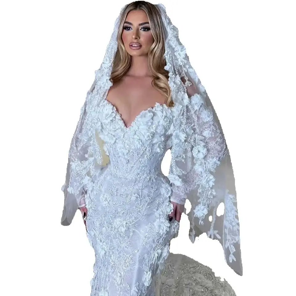 Elegant Mermaid Wedding Dresses New Ball Gown Bride Dress Pearls Lace Bridal Gown 3D-Flower Lace Sweep Train Robe De Vestido HOT SALE Customized Plue 