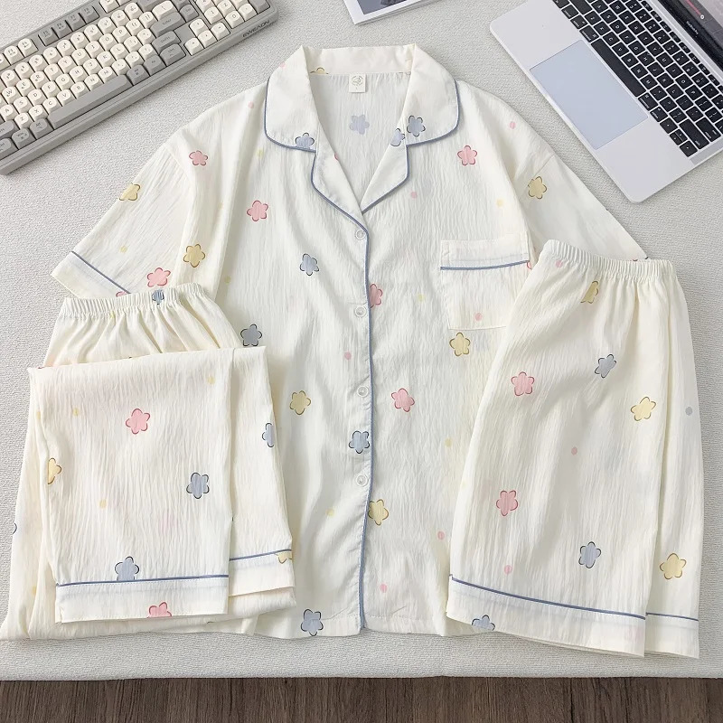 Flower Print Short Three Pieces Pajamas Set for Women Spring Summer 2025 Plus Size Womens Pajamas Set Sweet Cute Nightwear 250408