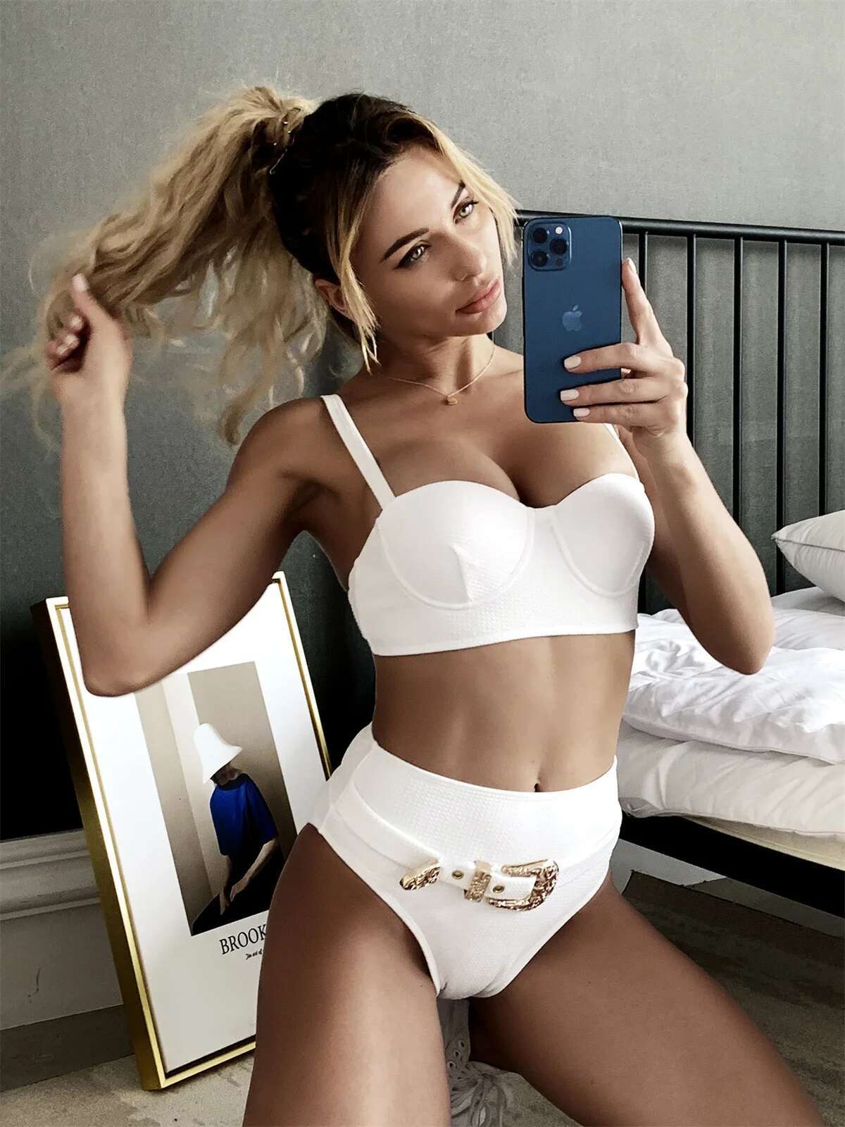 Dongdumaoyi Sexy Rhinestone Belt High Waist Bikinis Set Women Solid White Black Push Up Underwire Swimsuit Buckle Bathing Suit Swimwear