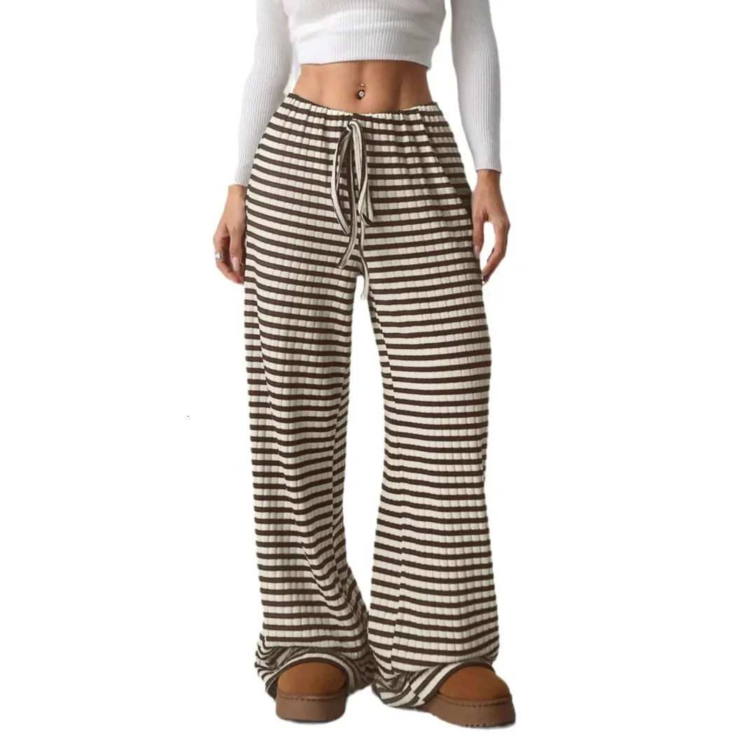Casual cotton striped solid color elastic rope brushed straight leg pants for autumn and winter womens fashion crossover long gray 250407