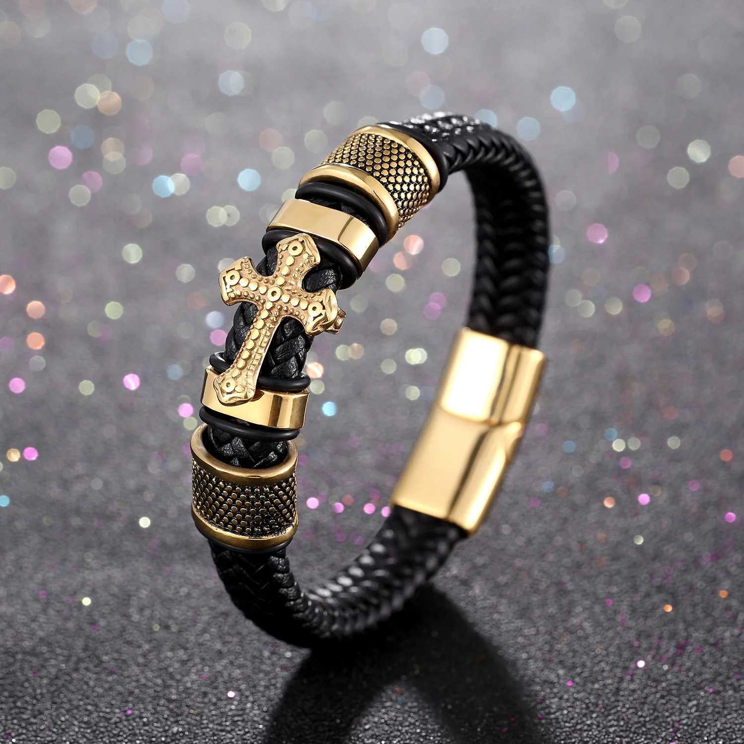 Fashion Religious ity Cross Bangles with Charms Chakra Men Classic Punk Leather Bracelet M Braided Mtilayer BracelC250408