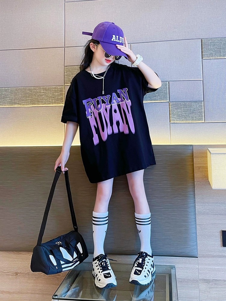Ddmyshoesvip 220G Girls Short T Shirt For Summer New Long Half Sleeved Big Children S Stylish Loose Summer Outfit Explosive Street Top
