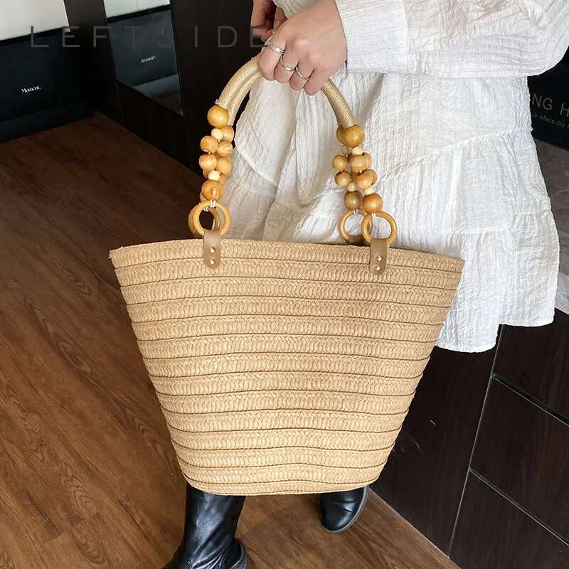 LEFTSIDE Big Weave For Women 2025 Summer New Beaded Shoulder Bags Lady Handbag Females Straw Tote Beach Hand Bag