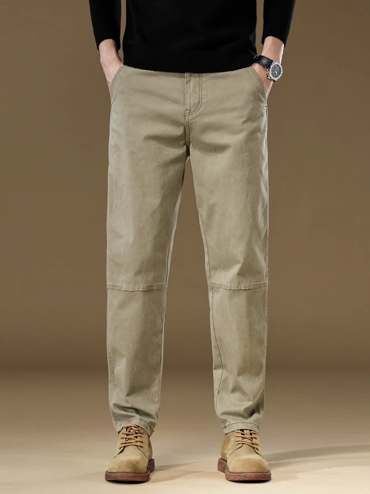 97% pure cotton mens cargo pants retro splicing work straight runner Trousers Fall loose casual brand khaki gray 250403