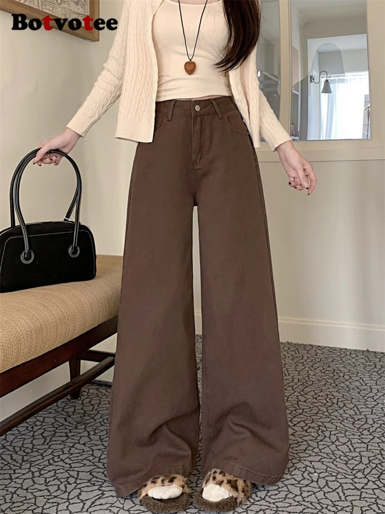 Botvotee Brown Pocket Jeans Womens High Waist Wide Leg Street Clothing Y2k Fashion Black Denim Pants Beige Slow 250407