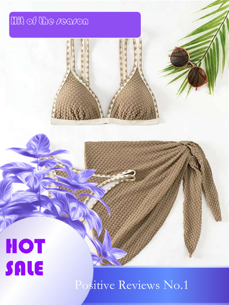 Dongdumaoyi Sexy Double Strap Bikini Women Khaki Patchwork Push Up Bra Skirt Piece Swimsuit Beach Bathing Suit Thong Swimwear Biquini