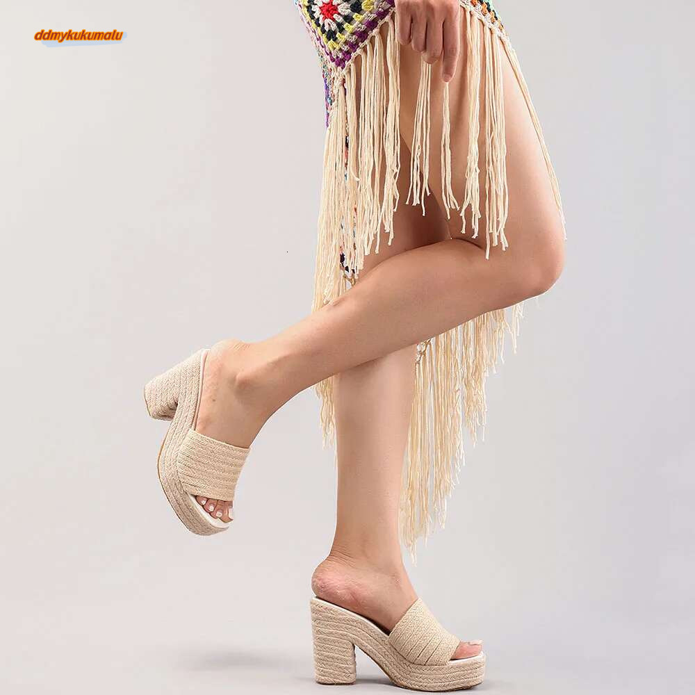 2025 Summer New Women's Espadrille Chunky Platform Square Thick Heel Leisure Women Mules Shoes Sandals ddmykukumalu