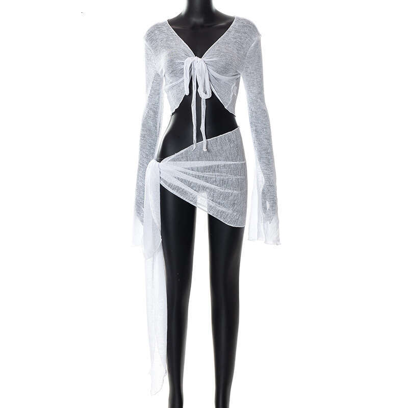 Mesh Perspective Strap Long Sleeve Chest Wrapping Top Half Skirt Set Summer European and American Women's New Casual Versatile Fashion Clothing