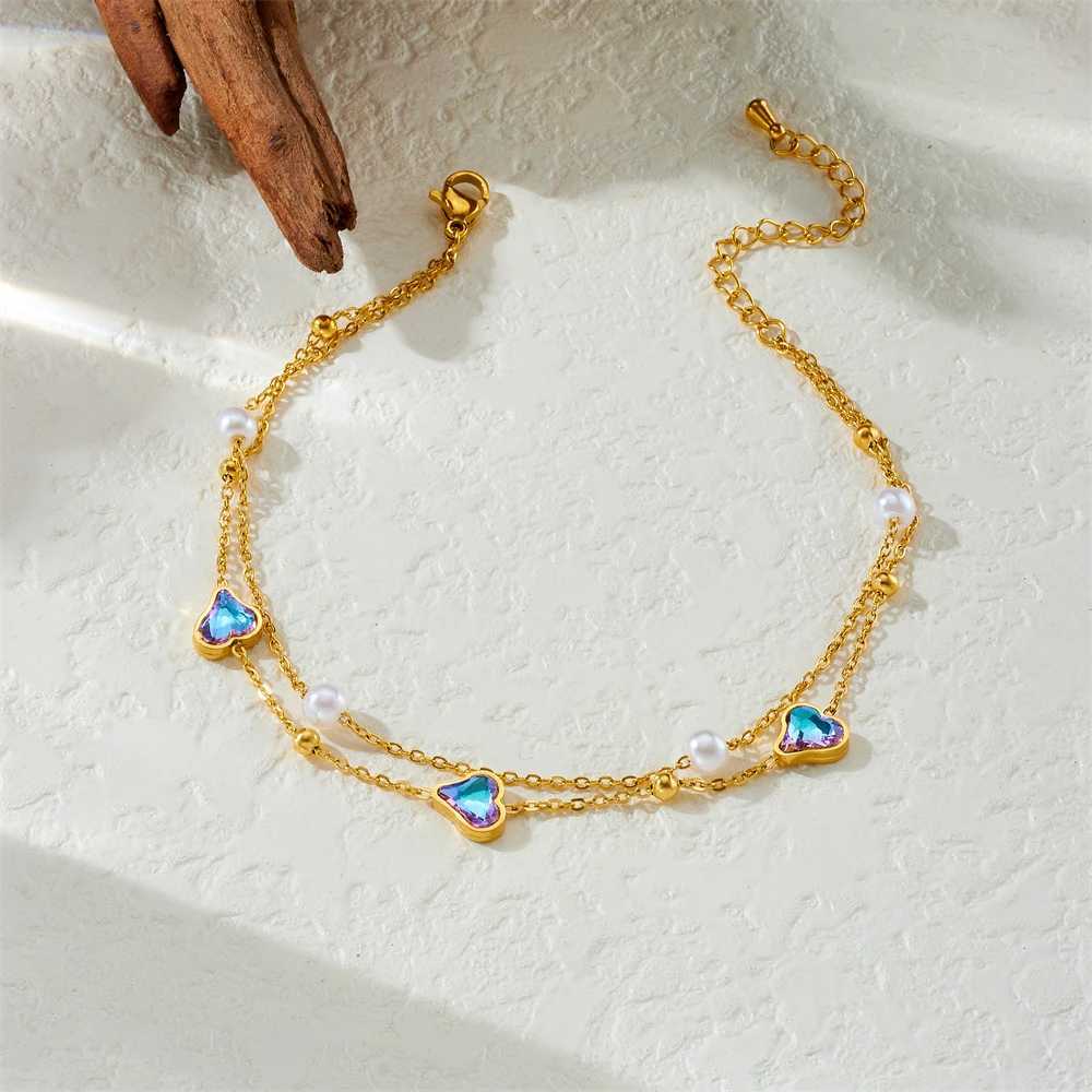 DIEYURO 316L Stainless Steel Colorful Heart Love Pearl DoubleLayer Anklet For Women Fashion New Foot Chain Jewelry Holiday Gift Z250408