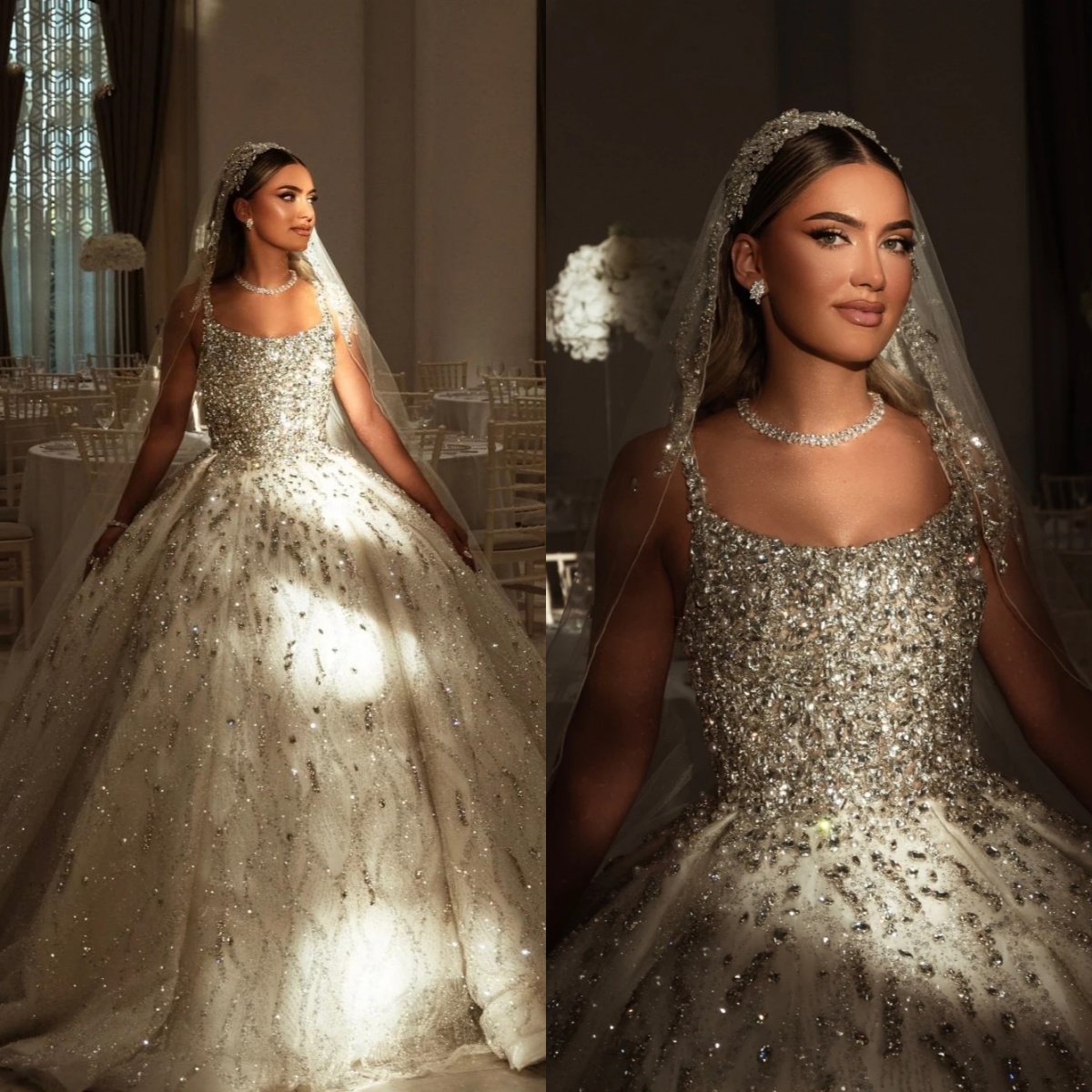 Exquisite Crystals Ball Gown Wedding Dress Glitter Women Party Wear No Veil Charming Customized Sequined Rhinestone Bridal Dress
