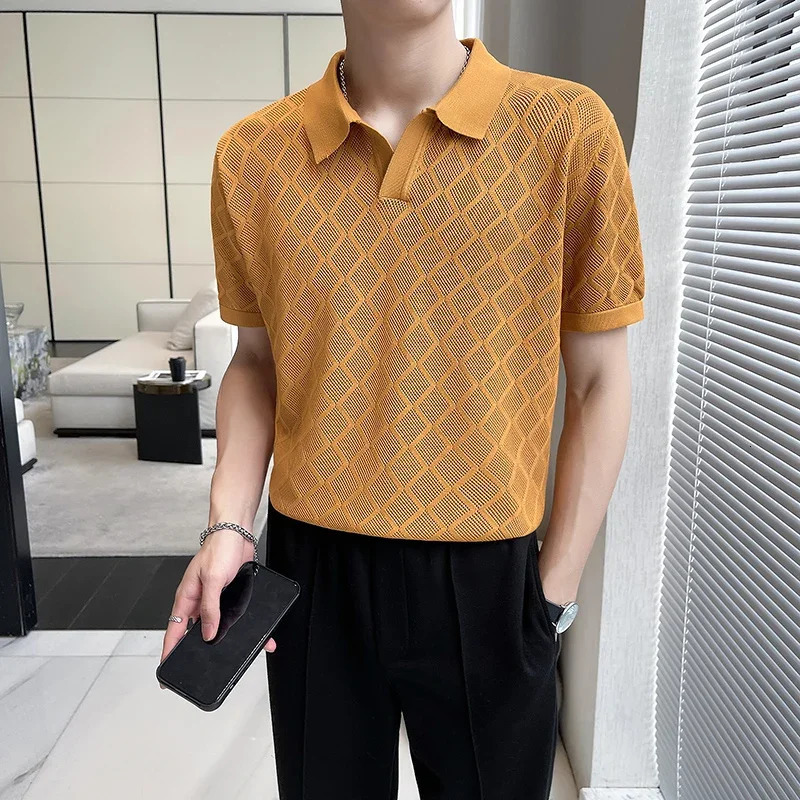 Hollow-out Knitted Lapel Short-sleeved T-shirt Slim Hole Polo Shirt Brown polo Golf Shirt 250407