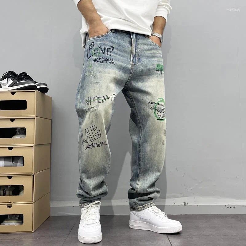 Men's Jeans Spring And Autumn Fashion Trend Printed Straight Leg Vintage Denim Pants Casual Loose Sports High Quality 28-36
