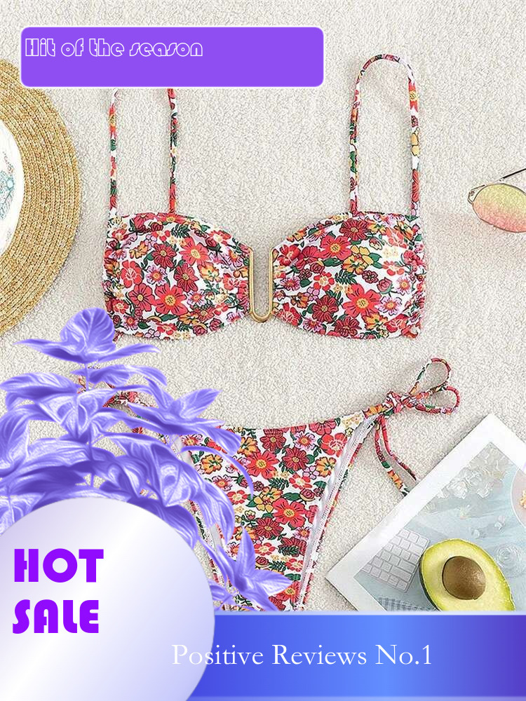 Dongdumaoyi Sexy U Wire Bikini Set Women Red Floral Print Push Up Micro Swimsuit Brazilian Cut Out Bathing Suit Tie Side Thong Swimwear