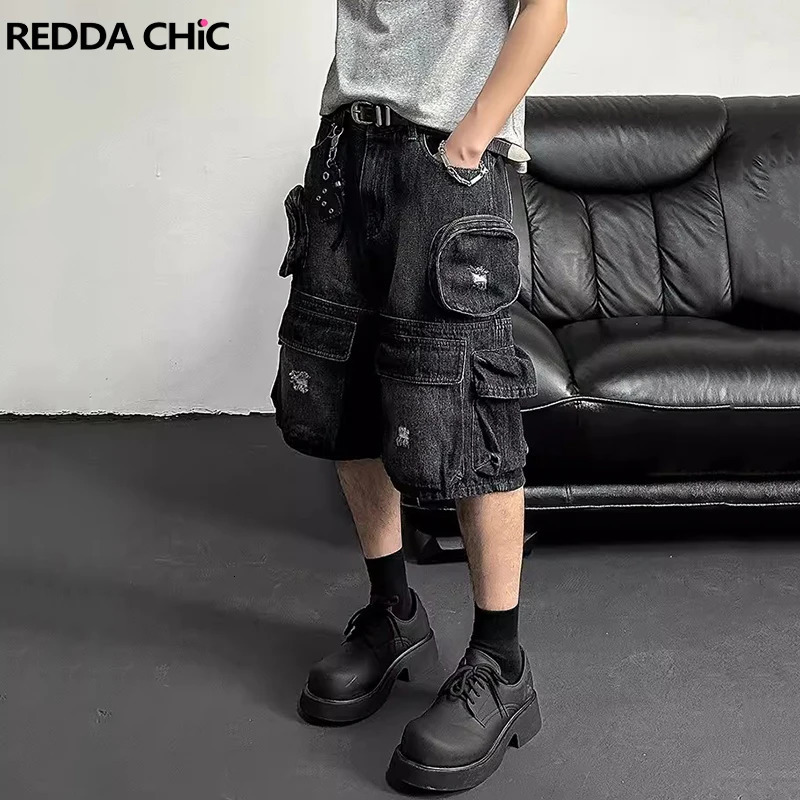 REDDACHIC Hip Hop Mens Cargo Pocket Denim Shorts Black Wash Damaged Wide Leg Jeans Jorts Retro Harajuku Street Clothing 250407