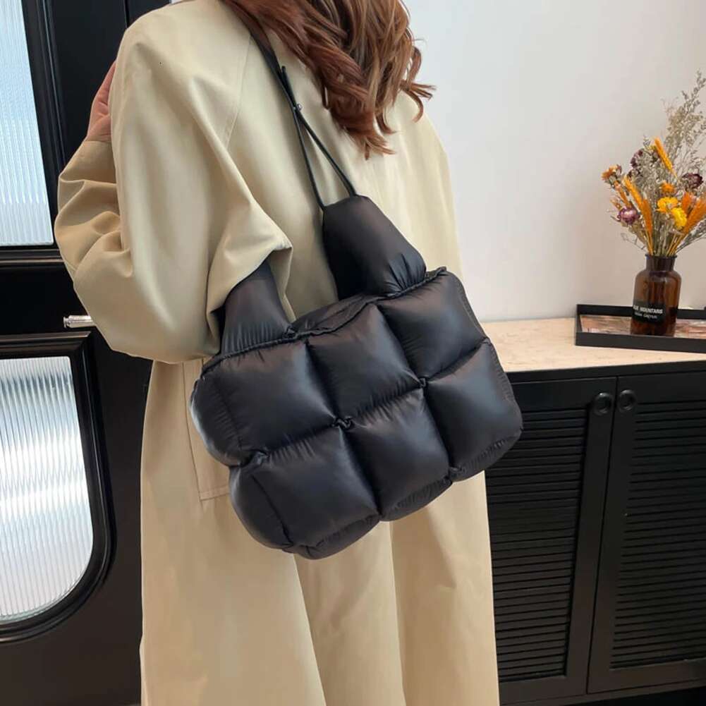 Women Puffer Tote Cotton Padded Shoulder With Inner Pockets Shopper Bag