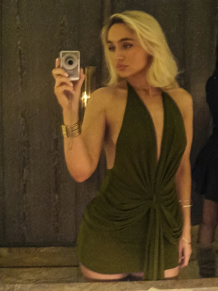 Weird Puss Ruched Belt Ribbon Sexy Dress Women Deep V-Neck Simple Elegant Backless Sleeveless Lace-up Halter Midnight Club Party 250408