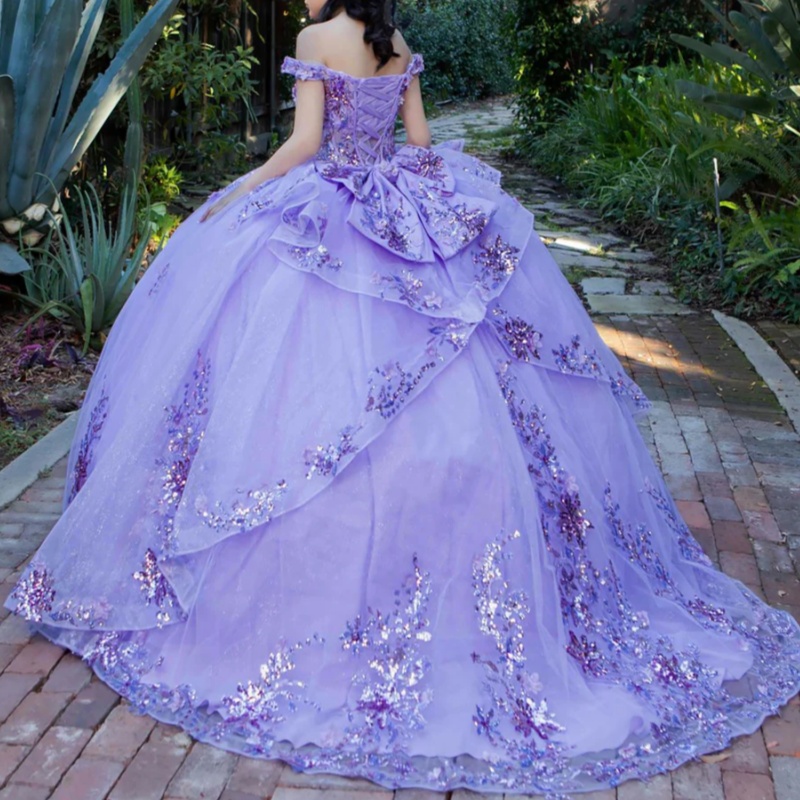 Lavender Quinceanera Dresses Off Shoulder Ball Gown Sweet 16 Dress Sequin Applique Lace Beads Bow Tull Birthday Party Vestidos 15 De Anos