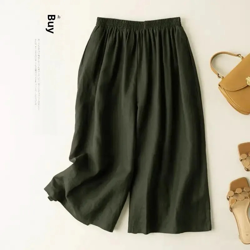 Plus Size Cotton Linen Wide Leg Pants Women Summer Thin Seven-Five Hemp Shorts Large Size Six-Point Three-Quarter Length ... 250408