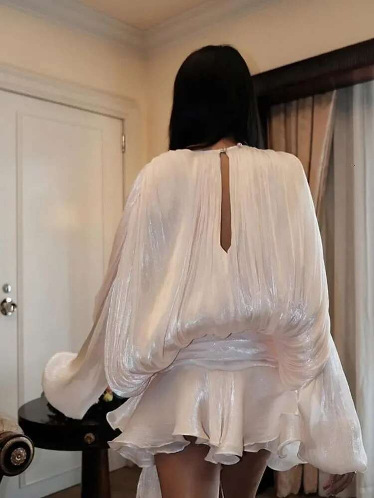 Elegant Ruffles Shiny Mini Dresses Fashion Solid Long Sleeve Lace Up V Neck Pleated Dress New Summer Party Women's Vestidos 2025