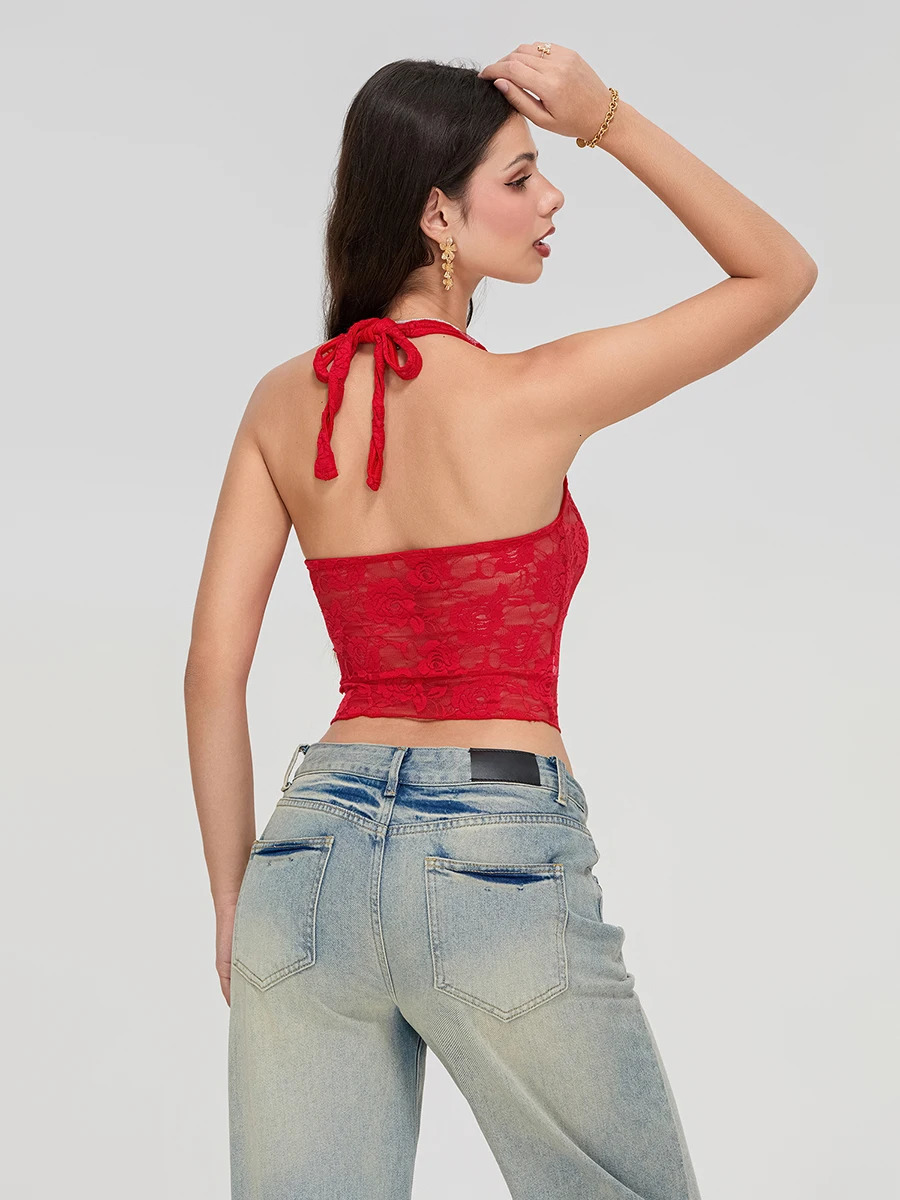 wsevypo Womens Summer Sheer Lace Vest Top Fashion Backless Halter Neck Low Cut Crop Tank Tops for Nightclub Streetwear 250407