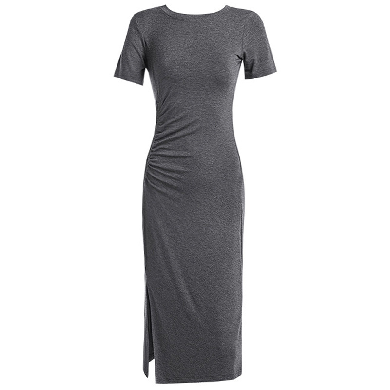 F44Chic Summer 2025 Women's Knee-Length Dress - Slim Fit with Slits and Short Sleeves