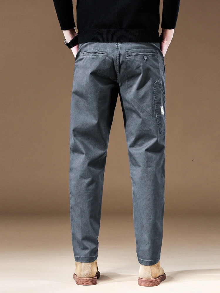 97% pure cotton mens cargo pants retro splicing work straight runner Trousers Fall loose casual brand khaki gray 250403