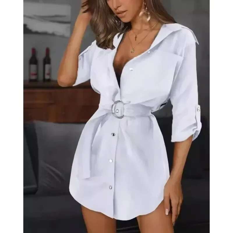 New European And American Lace Cardigan Solid Color Rolled Up Sleeve Shirt Dress Versatile Yet Fashionable