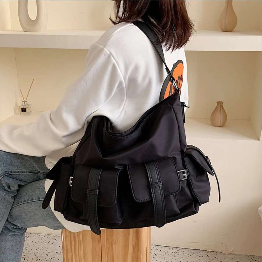 Casual Tote Bag Nylon Large Shoulder Bags For Women 2022 Trend Travel Messenger Handbags And Purses Bolsa Feminina Black