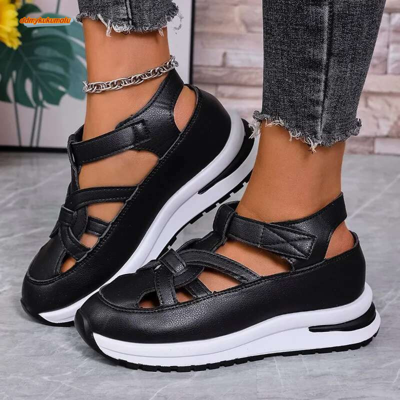 Hot Selg 2025 New PU Leather Hollow Design Hook Loop Non-slip Thick-soled Sandals for Women Shoes Mujer atos ddmykukumalu