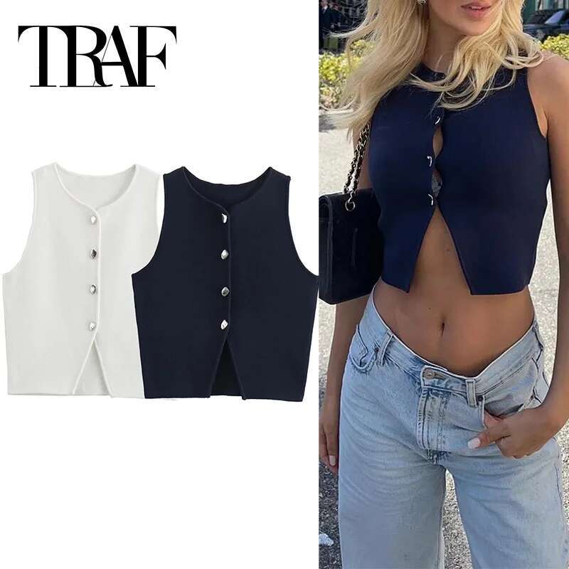 TRAF Cropped Knit Women Cardigan White Sleeveless Woman Fashion Button Knitted Sweater Vest Female Summer Short Tops
