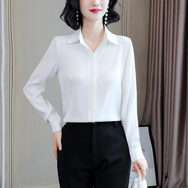 Womens Silk Office Shirt Fashion Long Sleeve Casual Womens Top Elegant Womens Retro White Satin Shirt Oversized 250402
