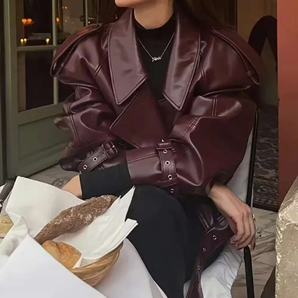 Wine Red Retro PU Autumn And Winter Women's Street Temperament Lapel Tie Warm Slim Fit Office Casual Short Jacket