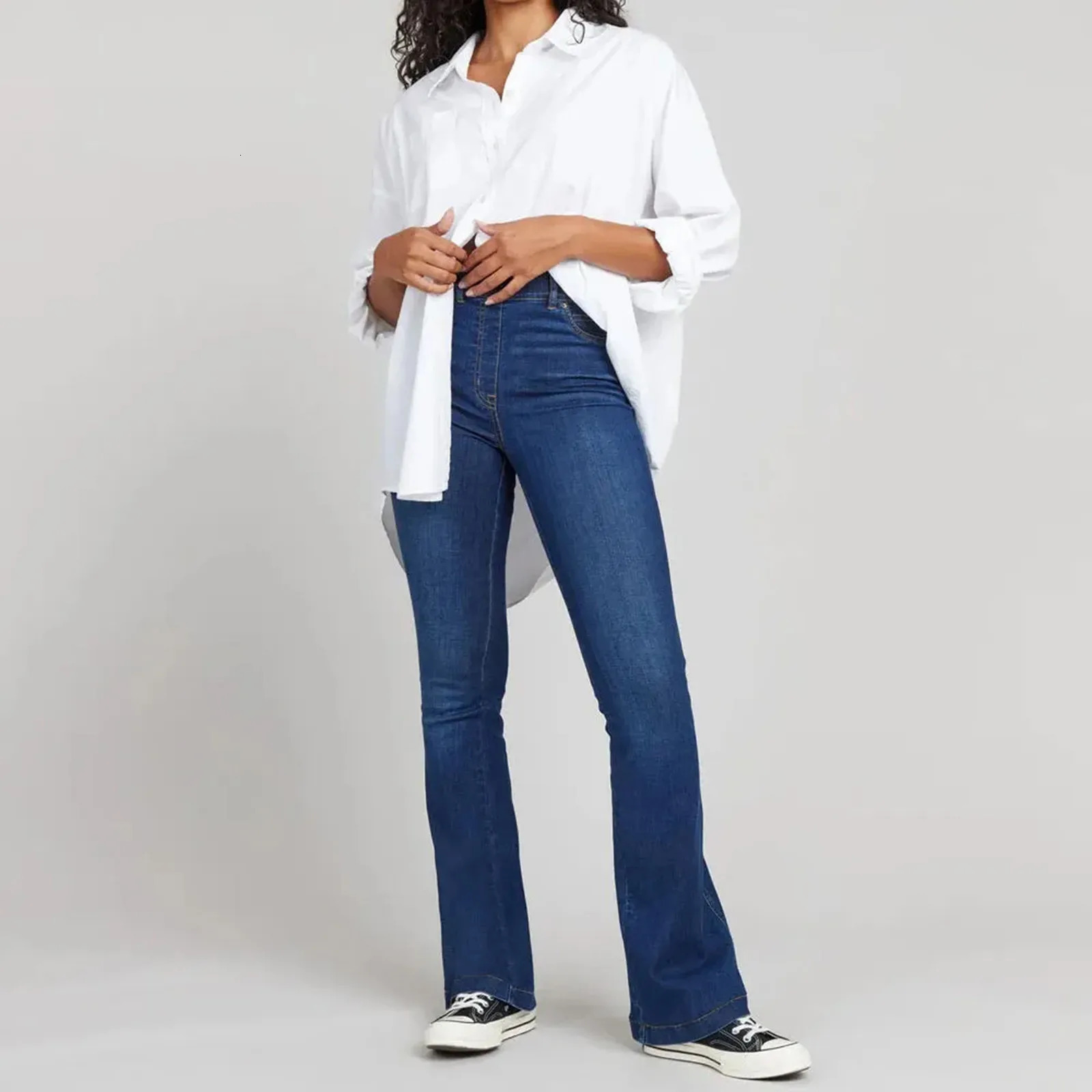 Womens jeans fashionable stretchy Flare pull on denim pants regular fit high waisted 250407