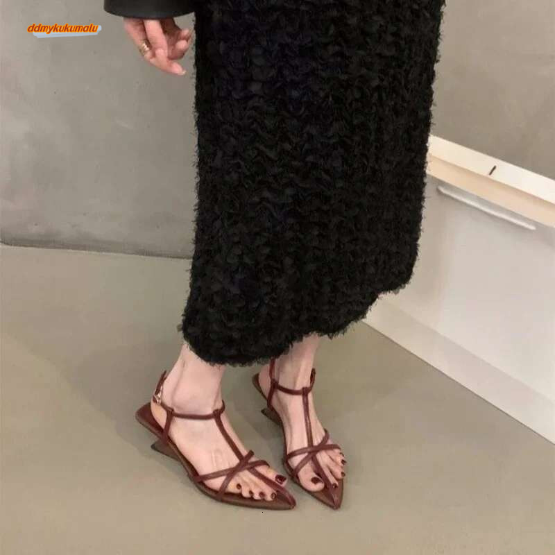 Women Fashion Pointed Open Toe Ankle Strap Dress Shoes Solid Color Summer Ladies Thin Low Heels Sandals ddmykukumalu